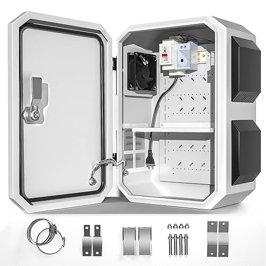 Outdoor Electrical Box with Thermostat and Fan, Cold-Rolled Steel Plate, Aluminum Alloy Back Beam, One-Piece Ventilation Design, IP65 Waterproof, Wall/Pole Mounted. (17.7" x 13.8" x 7.9")