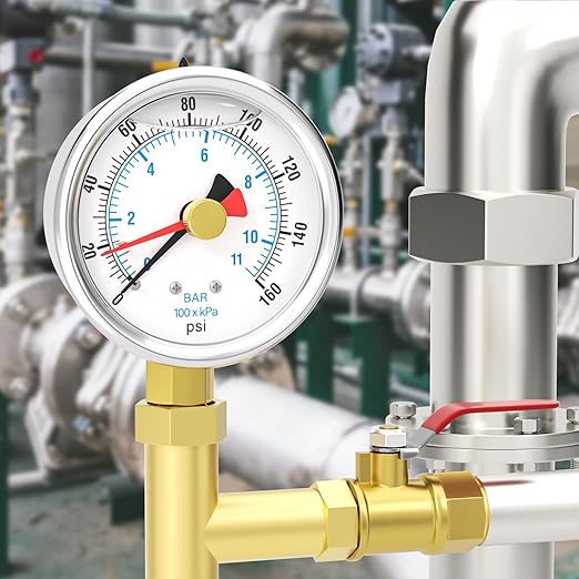 0-160PSI Stainless Steel with Reset Pointer Liquid Filled Pressure Gauge, 2.5" Dial Size, 1/4" NPT Lower Mount, for Tube, Water Pump, Gas, Liquid, Pressure Test