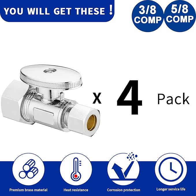 (4 Pack) Lidertik 5/8 inch Compression (1/2 inch Normal Pipe) Straight Stop Valve 1/2 inch x 3/8 inch Compression for Water Sink Toilet Bathroom Sink Brass Plated Chrome 1/4 Turn Valve JF-COMP-S(4PCS)