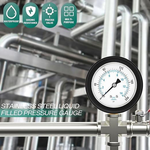 0-100PSI Stainless Steel Liquid Filled Pressure Gauge, 2.5" Dial Size, 1/4" NPT Lower Mount, with Rubber Protective Sleeve, for Tube, Water Pump, Gas, Liquid, Pressure Test
