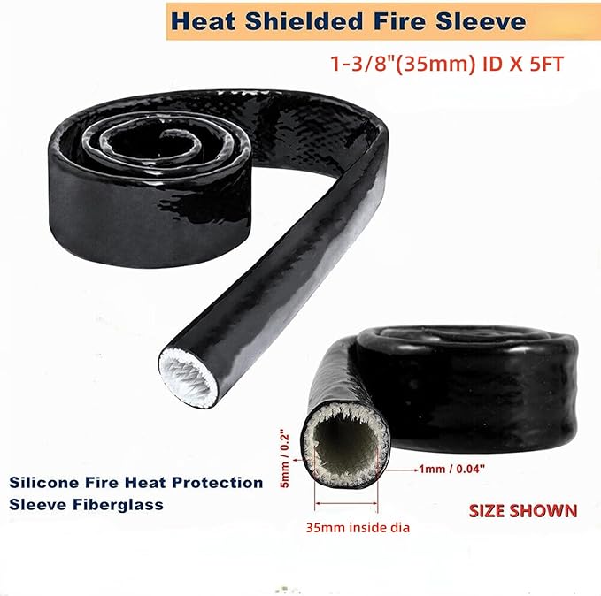 1-3/8"(35mm) ID Heat Shielded Fire Thermo Armor Fire Sleeve Silicone Coated Fiberglass for Automotive Hose Lines & Electrical Wiring Black, 5 feet