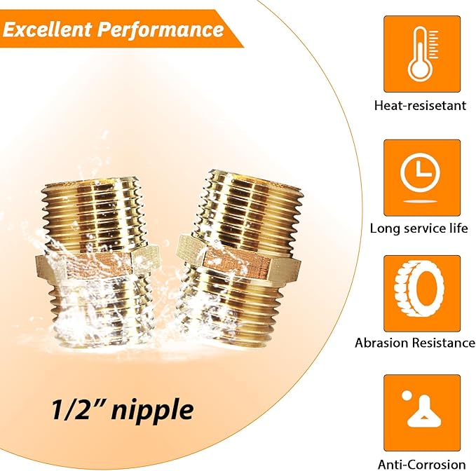 2PCS Hex Brass Nipple 1/2" NPT Male X 1/2" NPT Male Pipe Fitting 1/2 inch Brass Pipe Nipples Male Pipes Adapter Fittings Heavy Equal Nipples Connectors