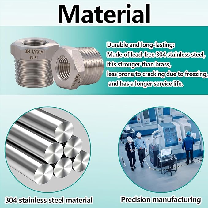 2 Pcs 1/2" Male NPT to 1/4" Female NPT Reducer Hex Bushing，304 Stainless Steel Pipe Fitting Hex Bushing, Heavy Duty Pipe Fitting Reducer Adapter