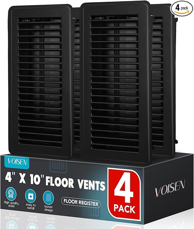 VOISEN Floor Register 4x10, 4 Pack Black Floor Register Vents,Heavy Duty Steel Walkable Floor Vents,Vent Covers for Home Floor