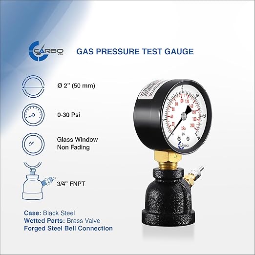Gas Test Pressure Gauge 30 Pound, 30 PSI / 200 kPa, 3/4” FNPT Connection, Brass Valve, Forged Steel Bell Shape Body Assembly.