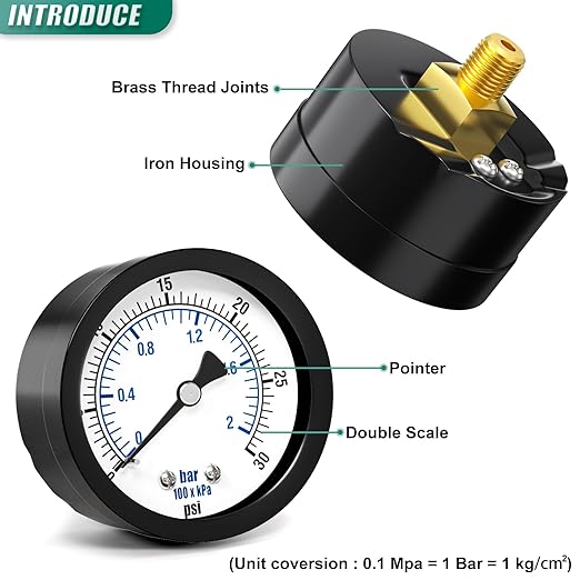 0-30PSI Well Pump Pressure Gauge 2" Dial Size, 1/8" NPT Back Mount, 3-2-3% Accuracy, for Tube, Water Pump, Gas, Liquid, Pressure Test