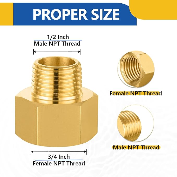 10 PACK GUOFIS Brass Pipe Fittings - 1/2" Male NPT x 3/4" Female NPT Reducing Adapter to Alter Pipe Diameters(NPT037)