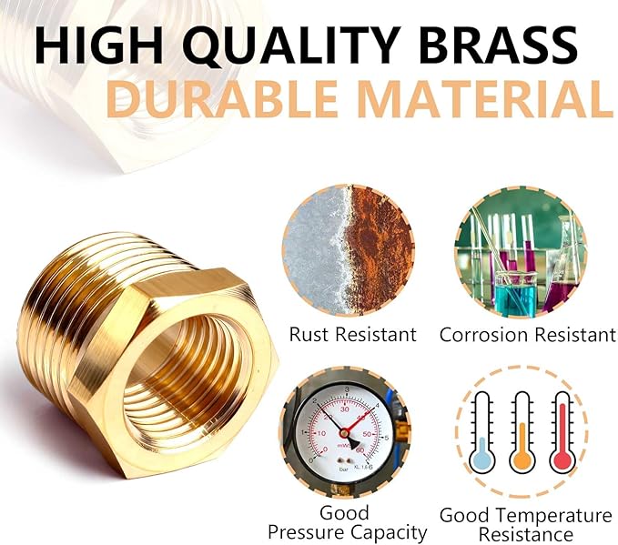 3/4" NPT Male to 1/2" NPT Female Brass Hex Bushing Reducing Bushing Pipe Fitting, Brass Fitting Reducer Adapter 3 Pack