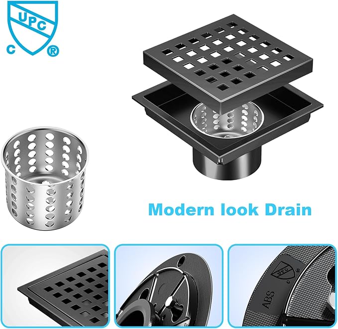4-1/3 Inch Square Shower Floor Drain,304 Stainless Steel Square Shower Drain, High Flow Design CUPC & Watermark Certified (Black, 4 in)