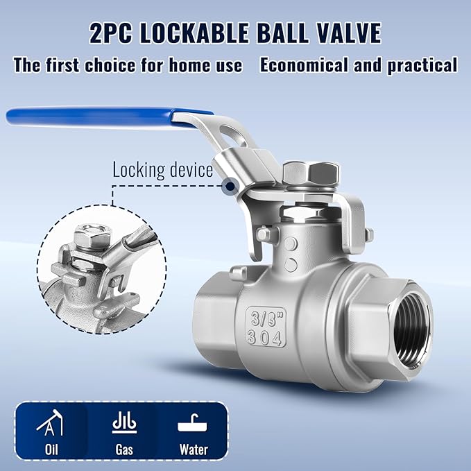 2 Pack 3/8'' Ball Valves NPT Female Stainless Steel 304 Full Port Ball Valve with Locking Handle, Heavy Duty Shut Off Valve for Home and Industrial(3/8 Inch)