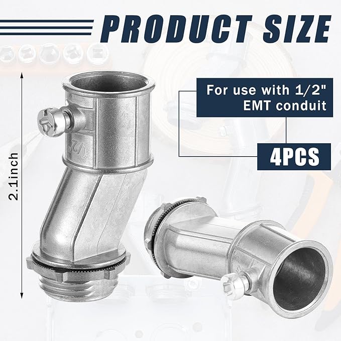 4 Pack 1/2 Inch Emt to Box Offset Connector with Set Screw and Lock-nut 1/2 Conduit Fittings for 1/2 Inch Electrical Fittings Galvanized Steel Emt Conduit Screw Connector