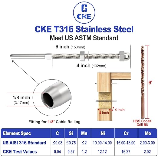 CKE 20 Pack Cable Railing Kit Hand Swage Threaded Stud Tensioner End Fitting Terminal for 1/8" Cable for 4x4 2x2 Wood/Metal Post Deck Stair Cable Railing Hardware Tensioner, T316 Stainless Steel CR06