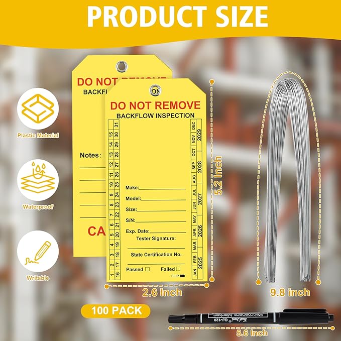 100 PCS Waterproof Backflow Inspection Tags 2.6 x 5.2 Inch Heavy Duty 18 Mil Writable Plastic Tags with Iron Wire & Pen Double-Sided Printing Pre-Punched Holes Maintenance Record for Backflow (Yellow)