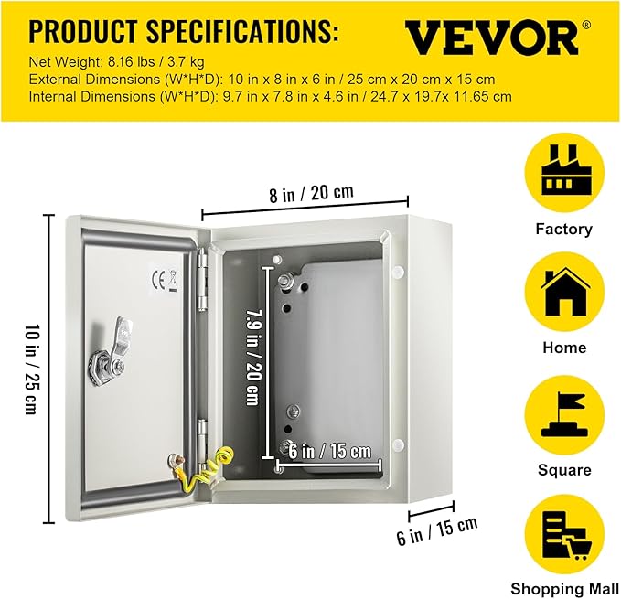VEVOR NEMA Steel Enclosure 10×8×6,NEMA 4X Steel Electrical Box,IP66 Waterproof & Dustproof,Outdoor/Indoor Electrical Junction Box,with Mounting Plate