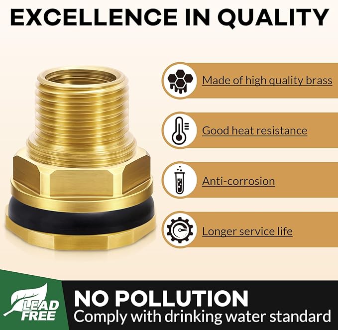 2 Pack 1/2" Female NPT and 3/4" Male GHT (Garden Hose Threaded) Solid Brass Water Tank Connector, Bulkhead Fitting With Thickened rubber ring