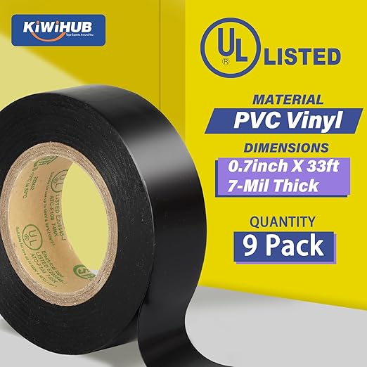 Electrical Tape Black, UL Approved, 9 Pack 0.7in X 33ft, Industrial Grade Vinyl Electrical Insulating Tape, Electric Tape for Improvement Electrical Equipment