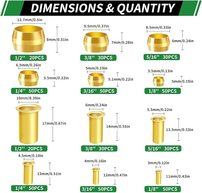 460pcs Brass Compression Sleeves Ferrules Inserts Fittings Assortment Kit, 1/2" 3/8" 5/16" 1/4" 3/16" 1/8" 6 Sizes Hose Repair Kit of Air Water Fuel Oil Gas Tube Lines