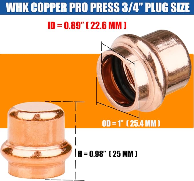 WHK 8 Pack 3/4 Inch Press Propress Copper End Cap Press Pro Press 3/4" Cooper End Plug Press Fittings Copper Pipe End Cap(Lead-Free)