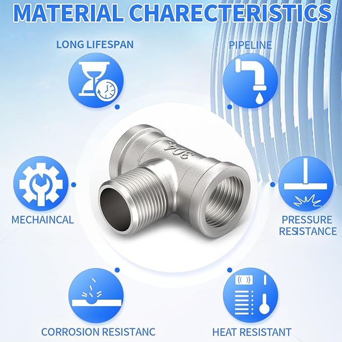 ChillWaves 304 Stainless Steel Pipe Fitting, Male Branch Tee 1/2" NPT Female x 1/2" NPT Male x 1/2" NPT Female Thread Adapter(2-PACK)