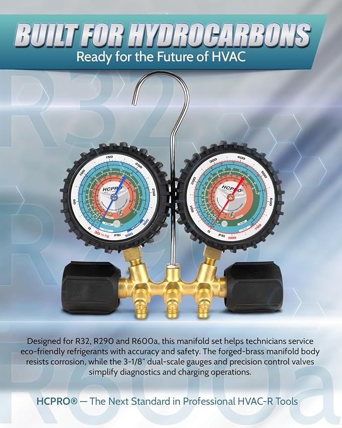 HCPRO Manifold Gauge Set R32 R290 R600 Hydrocarbon Refrigerant | Dual Scale F/C PSI | HVAC AC Brass Gauges 3-1/8" 800 PSI | 36" Hoses 4000 PSI Burst | Professional Service Kit