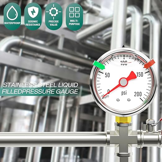 0-200psi Stainless Steel Glycerin Liquid Filled Pressure Gauge1/8 NPT 1.5" Dial, Lower Mount for Pressure Testing of Water, Oil and Air (with Range Mark Pointer)