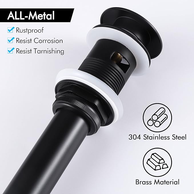 KES Bathroom Sink Drain with Overflow, Pop Up Drain Sink Stopper Matte Black, All Metal Brass and SUS304 Stainless Steel, S2008S62A-BK