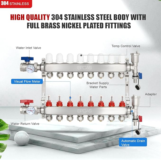 8 Branch Floor Radiant Heating Manifold PEX Tube Heating Hydronic Manifolds Stainless Steel Radiant Heat Pex Manifold Set for 1/2" Adapter