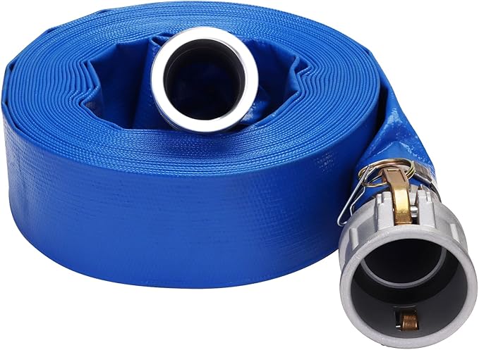 Lay-Flat Pool Backwash Hose - 2" x 50Ft with Aluminum Camlock C & E Fittings Reinforced Heavy Duty PVC Discharge Hose Weather-Proof Vinyl Pool Drain Hose for Water Transfer