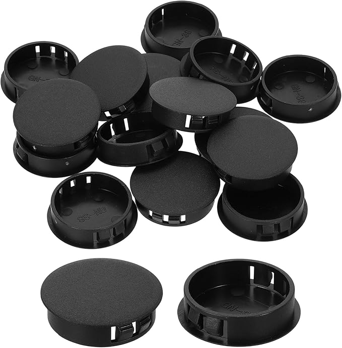 uxcell 18Pcs Plastic Hole Plugs, 38mm(1-1/2") Flush Type Panel Plugs, Round Snap Knockout Locking Plugs for Furniture Insert End Caps Panels, Black