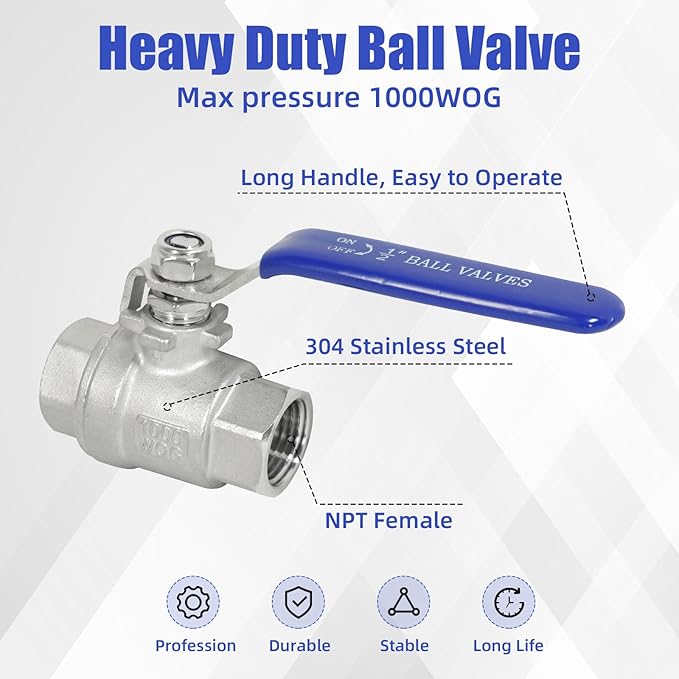 YADIAN 2 Pack 1/2'' Ball Valve Stainless Steel 304, Full Port 1/2 inch Ball Valve NPT Female Heavy Duty Shut Off Valve for Water, Oil, and Gas with Blue Locking Handles, 1000 WOG