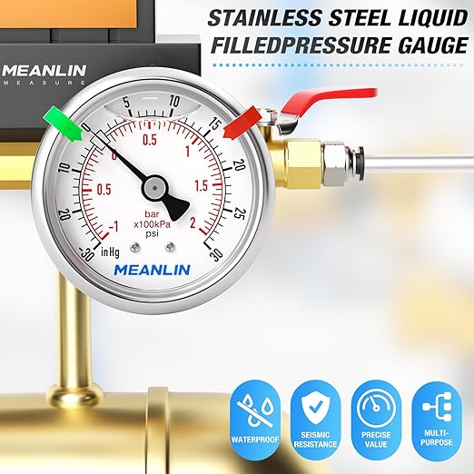 MEANLIN MEASURE -30inHG~30Psi Vacuum Pressure Gauge 1/8" NPT 2.5" FACE DIAL, Stainless Steel Liquid Filled Pressure Gauge WOG Water Oil Air Center Back Mount (with 2PCS Snaps)