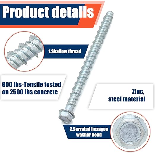 Tandefio 50 Pack 1/4" x 4" Concrete Screw Anchor Galvanized Large Diameter Heavy Duty Plated Concrete Anchors for Masonry Brick Anchoring Block Decking Framing Hex Drive