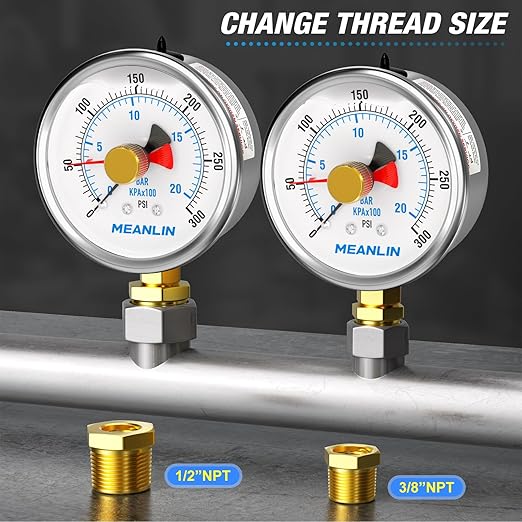 MEANLIN MEASURE 0~300Psi Stainless Steel 1/4" NPT 2.5" FACE DIAL with Reset Pointer Liquid Filled Pressure Gauge WOG Water Oil Air, Lower Mount, with 1/8" x 1/4" NPT and 1/8" x 3/8" NPT Hex Bushing