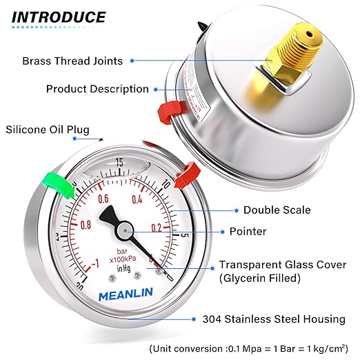MEANLIN MEASURE -30inHG~0Psi Vacuum Pressure Gauge 1/8" NPT 2.5" FACE DIAL, Stainless Steel Liquid Filled Pressure Gauge WOG Water Oil Air Center Back Mount (with 2PCS Snaps)