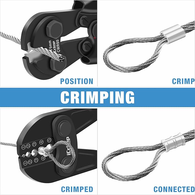 iCrimp IWS-1608B Wire Rope Crimping Tool for Aluminum Loop Sleeves, Duplex Oval Cable Ferrules 1/16’’ to 3/16’’, c/w Wire Rope Cable Cutter