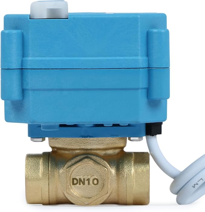 U.S. Solid 3/8" 3 Way Brass Motorized Ball Valve L Type AC/DC9-24V, Water Shutoff Valve with Manual Function, Standard Port, NOT for Drinking Water