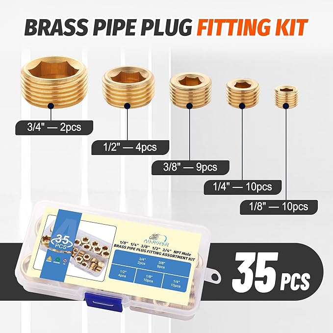 35Pcs Brass Pipe Plug Fitting Assortment Kit,1/8" 1/4" 3/8" 1/2" 3/4" NPT Male Internal Hex Thread Socket Pipe Plug Set,5 Sizes