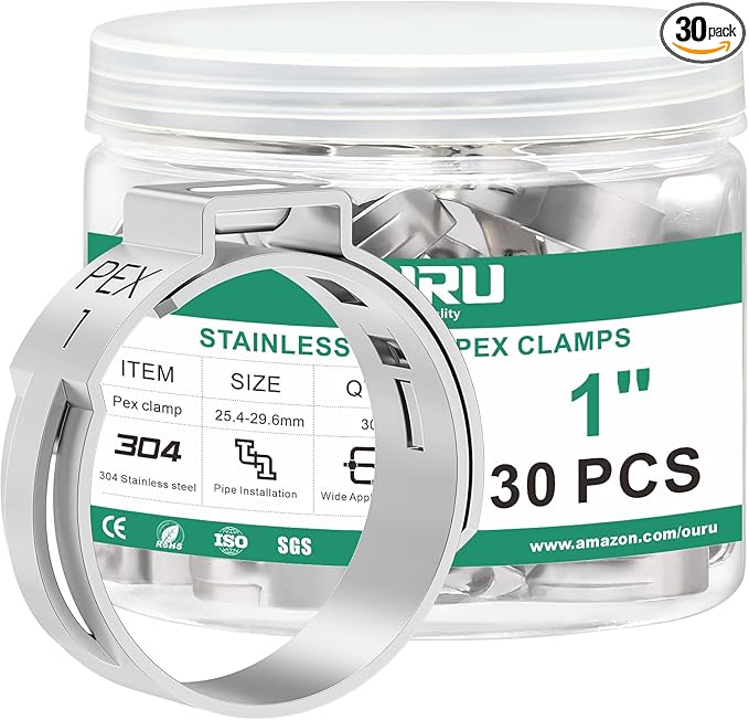 30PCS 1 Pex Crimp Ring,304 Stainless Steel Pex Cinch Clamps,Single Ear Hose Clamps for Pex Fittings Pipe Tubing