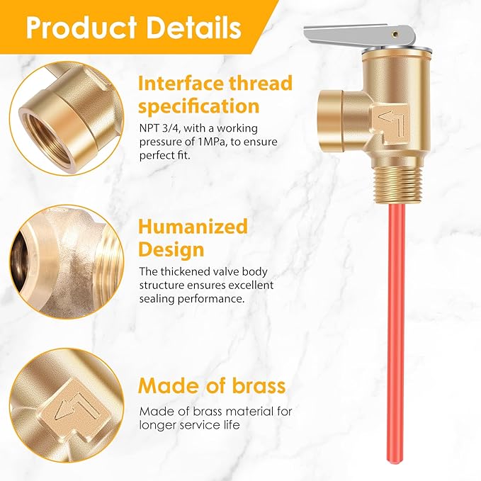 2Pcs 3/4" NPT RV 1MPa（145psi） Temperature and Pressure Relief Valve Brass RV Water Heater Temperature and Pressure Relief Valve for Hot Water Heater Tanks (DN20-2pc)