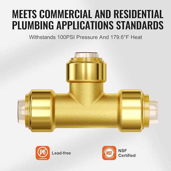 VEVOR Pipe Fittings, 1/2" 12PCS Tee Brass Pipe Fittings, Push-Fit Pipe Connector Brass Air Fittings, Heavy Duty Plumbing Fittings Adapter for Heating/Shower Systems, Water Pipes