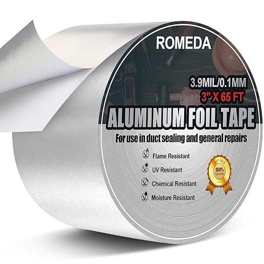 Romeda Aluminum Foil Tape, 3 inch x 65 Feet (3.9 mil), Insulation Adhesive Metal High Temperature Heavy Duty HVAC Tape, Silver for Ductwork, Dryer Vent, HVAC