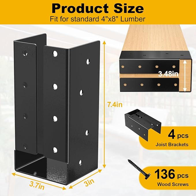 Concealed Joist Hanger , Outdoor Concealed-Flange Joist Bracket with Screws, Q235B Steel Powder Coated Concealed Mount Light Joist Hangers for Beam, Swing, Handrail, Fence (8PCS, 4X8)