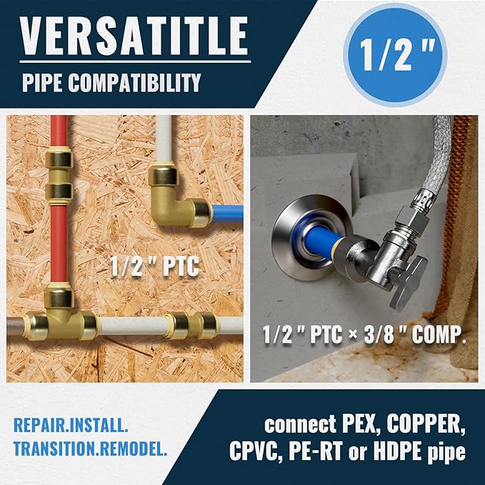 SUNGATOR Push Plumbing Fitting Kit 1/2 Inch, 10 Each Straight Coupling, Elbow, Angle Shut Off Valve, Tee (5 PCS), No Lead Brass Push to Connect Pex Pipe,Copper,CPVC, with 1 Disconnect Clip, Pack of 35