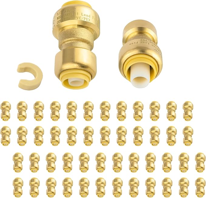 (Pack of 50) Niikappu 1/2" x 3/8" Reducing Coupling Brass Fittings, Push-to-Connect Plumbing Fitting for Pex, Copper, CPVC, Includes Removal Clip