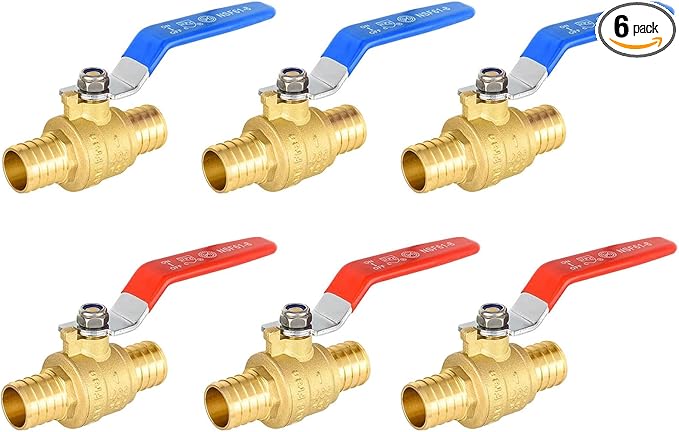 6 Pack Ball Valves, 1" Pex Crimp Shut Off Valve, Brass Full Port Pex B Shut Off Ball Valve for Hot and Cold Water, NSF/ANSI 61 Certified