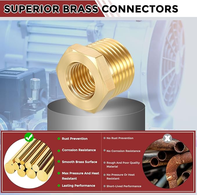 Pack of 1, 1/2" Male NPT to 1/4" FeMale NPT Solid Brass Hex Bushing, Hose Fittings Adapter Threaded Reducer Heavy Duty for Pipe Leak Repair, Bathroom Remodel, Compression