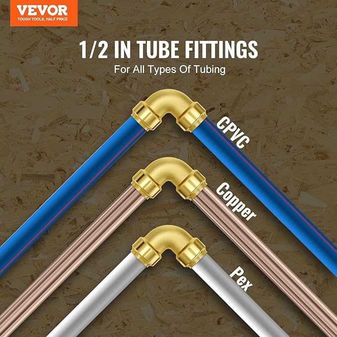 VEVOR Pipe Fittings, 1/2" 12PCS Brass Pipe Fittings, Elbow Push-Fit Pipe Connector Brass Air Fittings, Heavy Duty Plumbing Fittings Adapter for Heating/Shower Systems, Water Pipes
