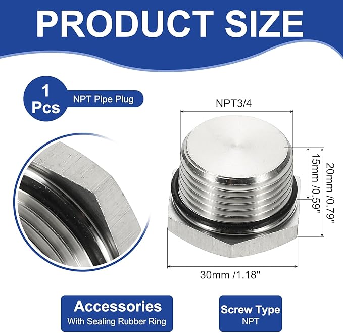 MECCANIXITY NPT Pipe Plug Fitting, 304 Stainless Steel NPT3/4 Male Outer Hex Thread for Plumbing Fixed with Sealing Rubber Ring