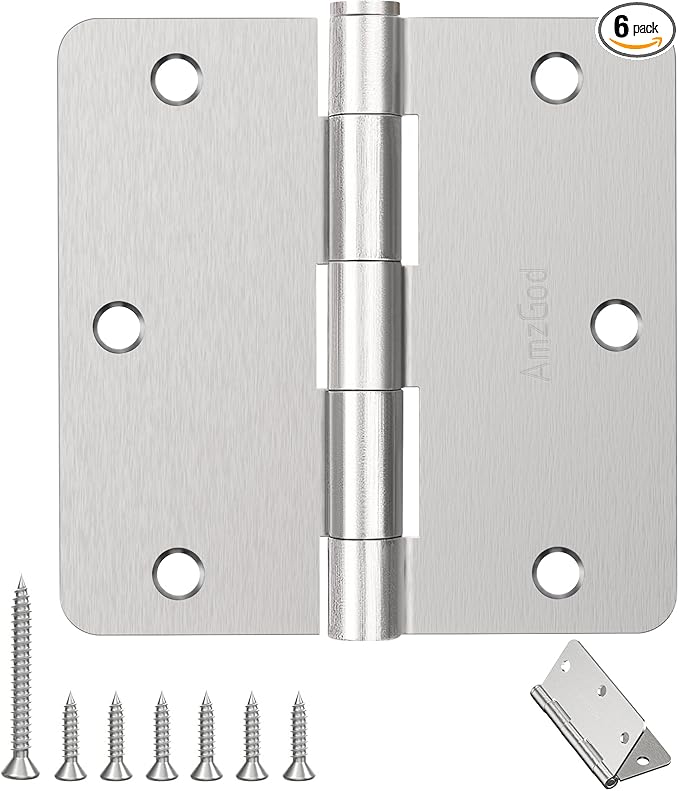 Door Hinges Brushed Nickel - 6 Pack 3.5 Inch Rounded Interior Satin Nickel with 1/4" Radius Corners - 3 1/2 Inches Silver Residential Standard Door Hardware