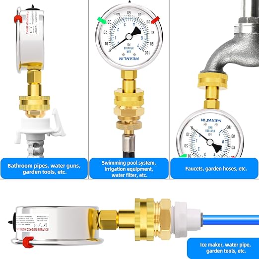 MEANLIN MEASURE 0~100Psi Stainless Steel Frame 3/4" Female Liquid Filled Pressure Gauge kit Plus 5 adapters, 2.5" FACE DIAL Multi-Purpose Pressure Gauge kit for Gardens, Water Pipes with 2PCS Snaps
